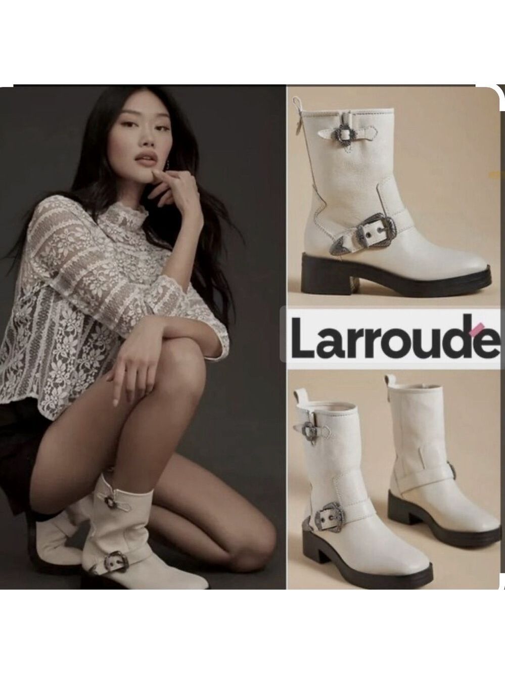 New Larroude Hardy Platform Leather Moto Buckle Boot in Off White Size 5 - Picture 2 of 15